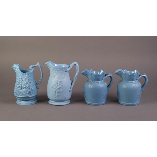 60 - FOUR UNATTRIBUTED NINETEENTH CENTURY BLUE GLAZED AND RELIEF MOULDED POTTERY JUGS, comprising TWO MOU... 