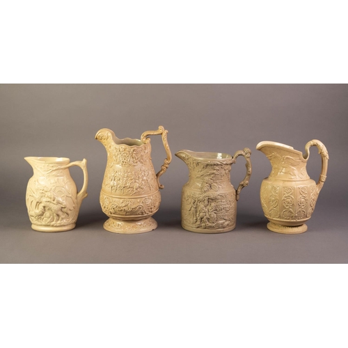 65 - THREE UNATTRIBUTED NINETEENTH CENTURY BUFF GLAZED AND RELIEF MOULDED POTTERY JUGS, comprising: ONE M... 