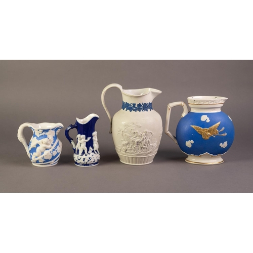 66 - FOUR UNATTRIBUTED NINETEENTH CENTURY BLUE AND WHITE RELIEF MOULDED POTTERY JUGS, comprising: ONE MOU... 