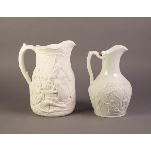 68 - TWO UNATTRIBUTED NINETEENTH CENTURY WHITE GLAZED AND RELIEF MOULDED POTTERY JUGS, comprising: ONE MO... 