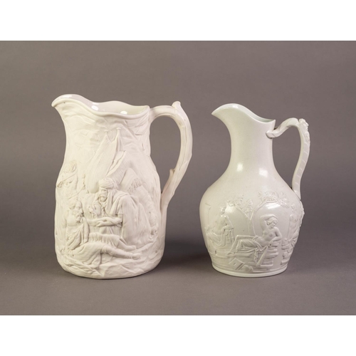 68 - TWO UNATTRIBUTED NINETEENTH CENTURY WHITE GLAZED AND RELIEF MOULDED POTTERY JUGS, comprising: ONE MO... 