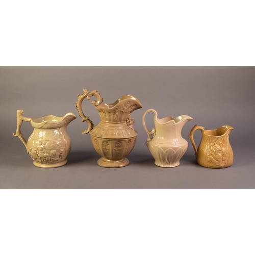 69 - FOUR UNATTRIBUTED NINETEENTH CENTURY BUFF OR SIMILAR GLAZED AND MOULDED POTTERY JUGS, comprising: ON... 