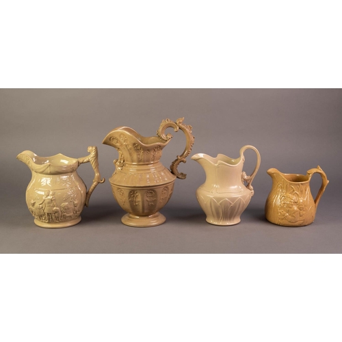 69 - FOUR UNATTRIBUTED NINETEENTH CENTURY BUFF OR SIMILAR GLAZED AND MOULDED POTTERY JUGS, comprising: ON... 