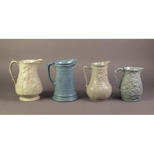 70 - FOUR UNATTRIBUTED NINETEENTH CENTURY RELIEF MOULDED JUGS IN COLOURED GLAZES, comprising: TWO IN BLUE... 