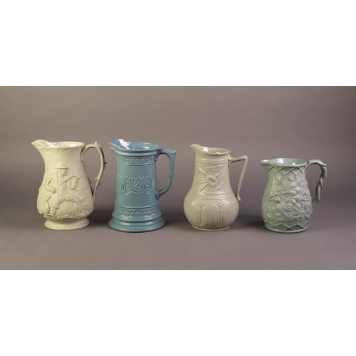 70 - FOUR UNATTRIBUTED NINETEENTH CENTURY RELIEF MOULDED JUGS IN COLOURED GLAZES, comprising: TWO IN BLUE... 