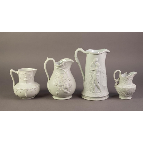 71 - FOUR UNATTRIBUTED NINETEENTH CENTURY OFF WHITE GLAZED AND RELIEF MOULDED POTTERY JUGS, comprising: O... 