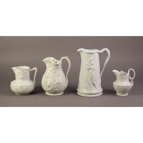 71 - FOUR UNATTRIBUTED NINETEENTH CENTURY OFF WHITE GLAZED AND RELIEF MOULDED POTTERY JUGS, comprising: O... 