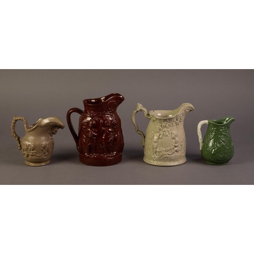 72 - FOUR UNATTRIBUTED NINETEENTH CENTURY RELIEF MOULDED JUGS IN COLOURED GLAZES, comprising: ONE IN REDD... 