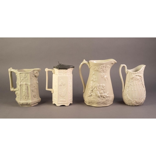 73 - THREE UNATTRIBUTED NINETEENTH CENTURY OFF WHITE GLAZED AND RELIEF MOULDED POTTERY JUGS, including a ... 