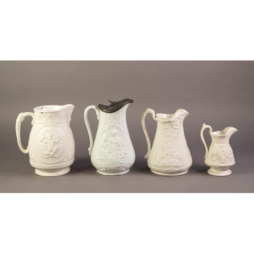 74 - FOUR UNATTRIBUTED NINETEENTH CENTURY WHITE GLAZED AND POTTERY JUGS RELIEF MOULDED WITH FIGURES, incl... 