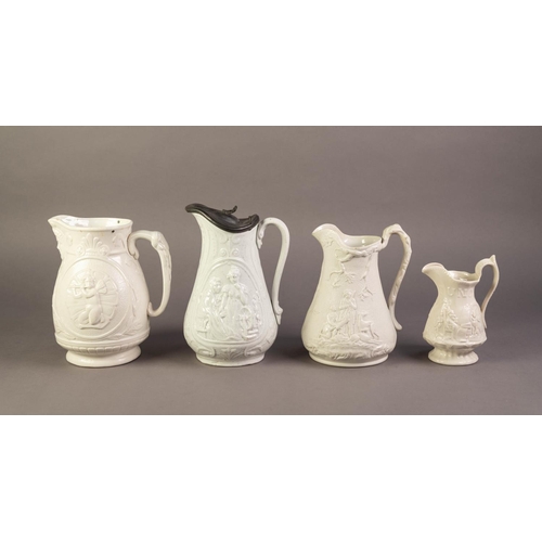 74 - FOUR UNATTRIBUTED NINETEENTH CENTURY WHITE GLAZED AND POTTERY JUGS RELIEF MOULDED WITH FIGURES, incl... 