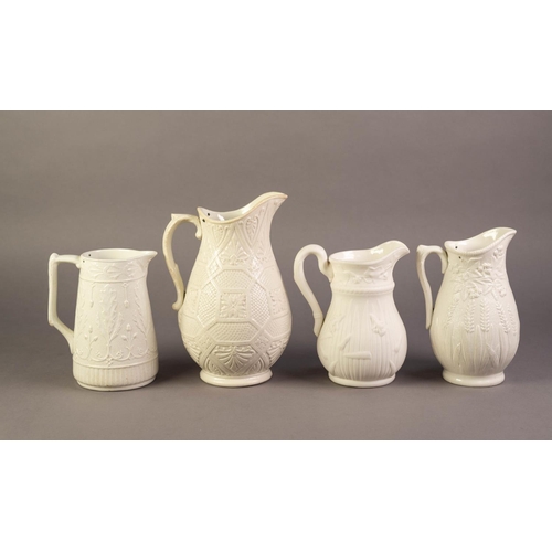 75 - FOUR UNATTRIBUTED NINETEENTH CENTURY WHITE GLAZED POTTERY JUGS RELIEF MOULDED WITH FOLIAGE, includin... 