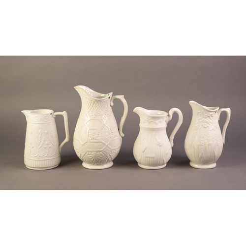 75 - FOUR UNATTRIBUTED NINETEENTH CENTURY WHITE GLAZED POTTERY JUGS RELIEF MOULDED WITH FOLIAGE, includin... 