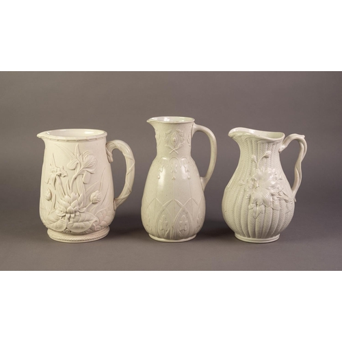 76 - THREE UNATTRIBUTED NINETEENTH CENTURY WHITE GLAZED POTTERY JUGS RELIEF MOULDED WITH FLOWERS, includi... 