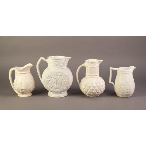 77 - FOUR UNATTRIBUTED NINETEENTH CENTURY WHITE GLAZED AND RELIEF MOULDED POTTER JUGS, comprising: AN AES... 