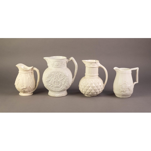 77 - FOUR UNATTRIBUTED NINETEENTH CENTURY WHITE GLAZED AND RELIEF MOULDED POTTER JUGS, comprising: AN AES... 