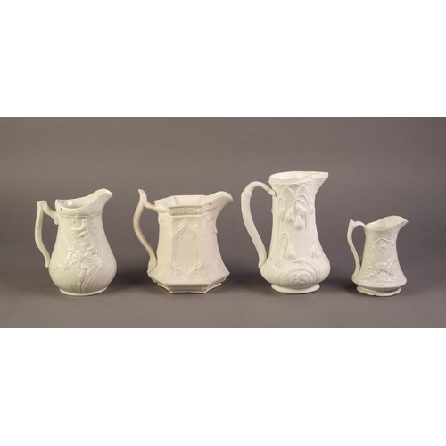 78 - FOUR UNATTRIBUTED NINETEENTH CENTURY WHITE GLAZED AND RELIEF MOULDED POTTERY JUG, comprising: ONE MO... 