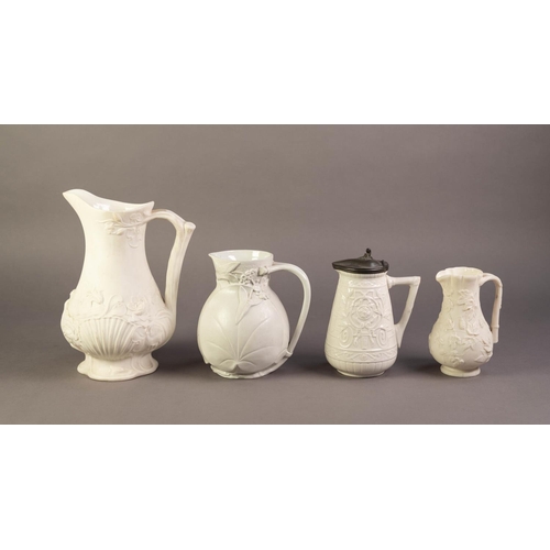 79 - FOUR UNATTRIBUTED NINETEENTH CENTURY WHITE GLAZED AND RELIEF MOULDED POTTERY JUGS, comprising: ONE M... 