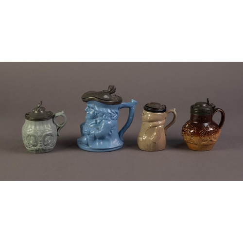 80 - UNATTRIBUTED NINETEENTH CENTURY BLUE GLAZED AND LIDDED SMALL TOBY JUG, together with THREE NINETEENT... 