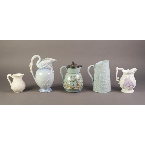 81 - FIVE UNATTRIBUTED NINETEENTH CENTURY RELIEF MOULDED POTTERY JUGS, comprising: ONE, IN BLUE, MOULDED ... 