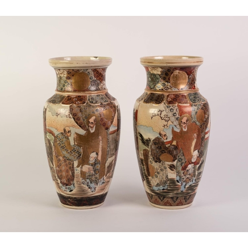 247 - PAIR OF EARLY TWENTIETH CENTURY JAPANESE SATSUMA POTTERY VASES, each of ovoid form with waisted neck... 