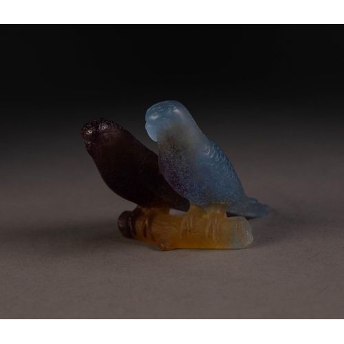 86 - MODERN DAUM PURPLE, BLUE AND YELLOW MOULDED GLASS MODEL OF TWO BUDGERIGARS, 3” (7.7cm) high, engrave... 