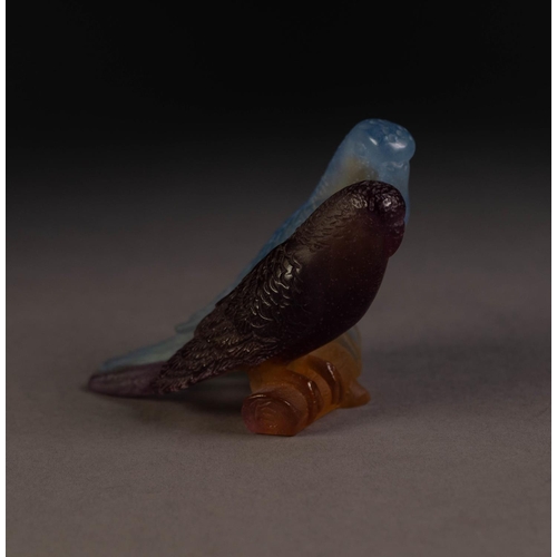 86 - MODERN DAUM PURPLE, BLUE AND YELLOW MOULDED GLASS MODEL OF TWO BUDGERIGARS, 3” (7.7cm) high, engrave... 