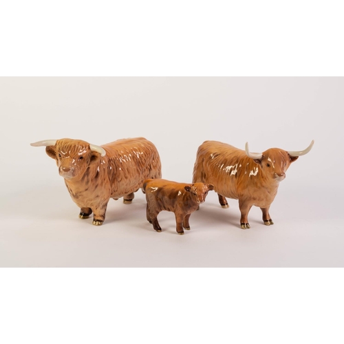 118 - BESWICK POTTERY FAMILY OF LONGHORN HIGHLAND CATTLE, comprising: BULL (2008), COW (1740) and CALF (18... 