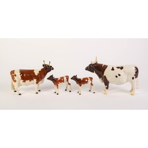 120 - BESWICK POTTERY FAMILY OF AYRSHIRE CATTLE, comprising: ‘WHITEHILL MANDATE’ BULL (1454B), COW (1350) ... 