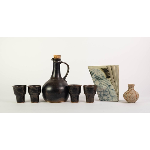 98 - TREMAR STUDIO POTTERY FIVE PIECE DRINKS SET FOR FOUR PERSONS, comprising FLASK with cork stopper, an... 