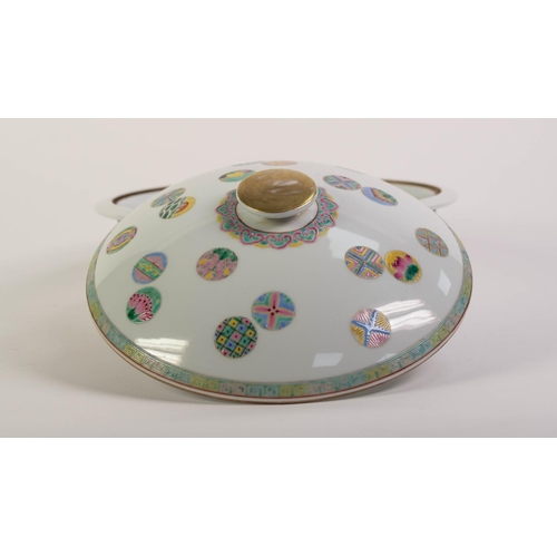 248 - MODERN CHINESE ENAMELLED PORCELAIN SERVING DISH AND COVER, of typical form with small, gilt elephant... 