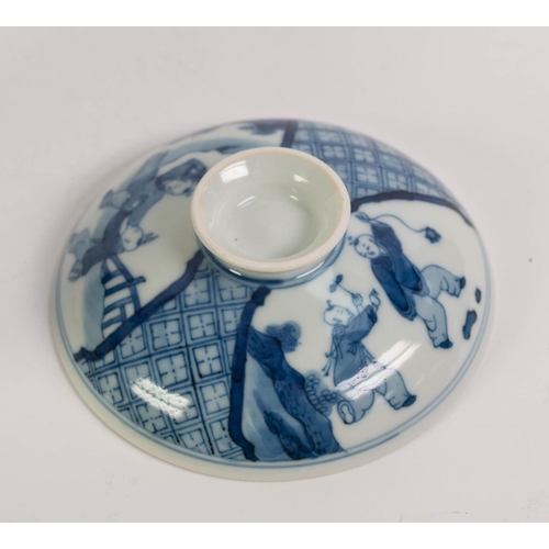 249 - MODERN CHINESE BLUE AND WHITE PORCELAIN RICE BOWL WITH COVER/ STAND, of typical firm, outlined and w... 