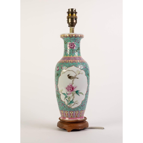 250 - MODERN CHINESE ENAMELLED PORCELAIN TABLE LAMP, of Indian club form, painted with panels depicting ex... 