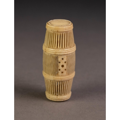 230 - CHINESE ANTIQUE IVORY CRICKET CAGE, barrel shaped with screw-off top, finely pierced bars to the sid... 