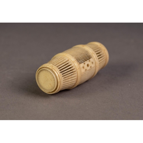 230 - CHINESE ANTIQUE IVORY CRICKET CAGE, barrel shaped with screw-off top, finely pierced bars to the sid... 