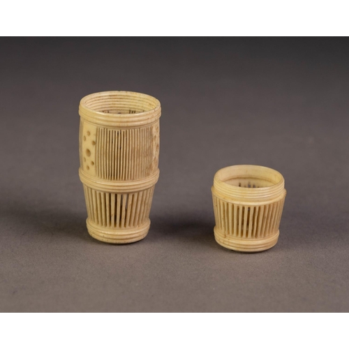 230 - CHINESE ANTIQUE IVORY CRICKET CAGE, barrel shaped with screw-off top, finely pierced bars to the sid... 