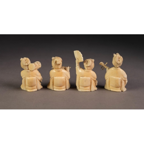 234 - SET OF THREE EARLY 20th CENTURY JAPANESE CARVED ONE PIECE IVORY FEMALE FIGURES, each seated playing ... 