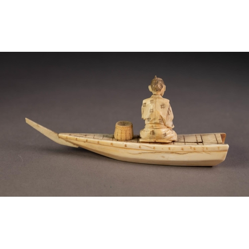 235 - CHINESE EARLY 20th CENTURY CARVED IVORY FIGURE OF A FISHERMAN seated on the deck of a small boat wit... 