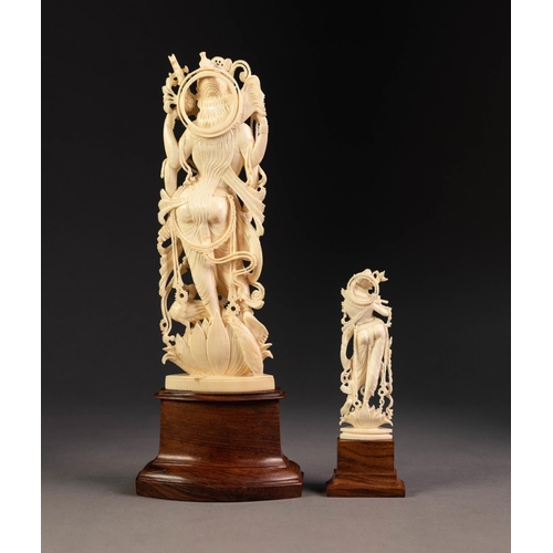 237 - EARLY 20th CENTURY INDIAN INTRICATELY CARVED IVORY FIGURE OF LAKSHMI depicted playing a tambura lute... 