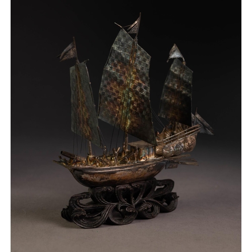 195 - CHINESE SILVER PLATED MODEL OF A THREE-MASTED FIGHTING JUNK with figures, canons, ten oars, numerous... 