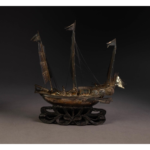 195 - CHINESE SILVER PLATED MODEL OF A THREE-MASTED FIGHTING JUNK with figures, canons, ten oars, numerous... 