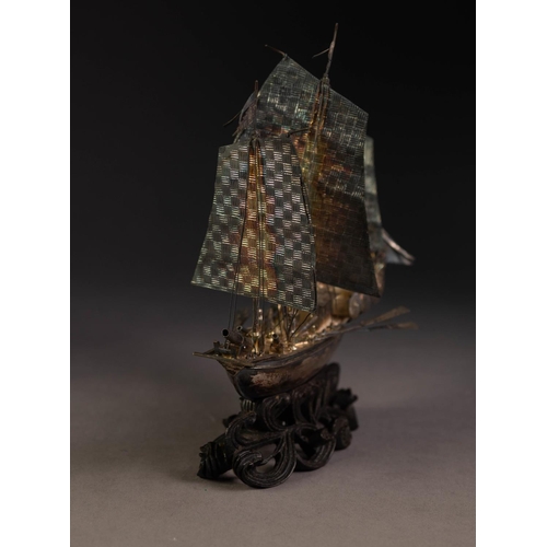 195 - CHINESE SILVER PLATED MODEL OF A THREE-MASTED FIGHTING JUNK with figures, canons, ten oars, numerous... 