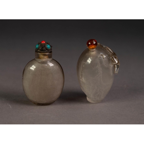 201 - CHINESE OVULAR ROCK CRYSTAL SNUFF BOTTLE AND STOPPER, carved in bas relief with a monkey clinging on... 