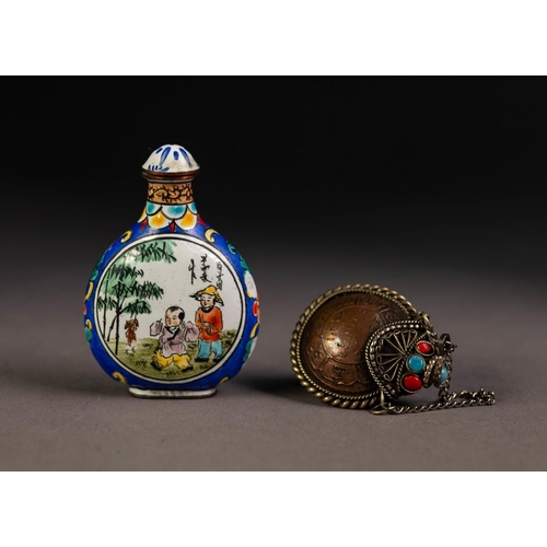 206 - CANTON ENAMELLED ON BRONZE SNUFF BOTTLE AND STOPPER, moon flask shaped, painted each side in a circu... 