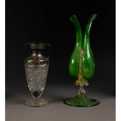 258 - CUT GLASS SILVER TOPPED TWO HANDLE VASE having wire pattern angular handles and a step cut circular ... 