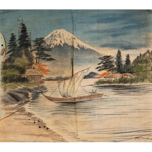 192 - FIVE, PROBABLY PRE-WAR JAPANESE, WATERCOLOUR DRAWINGS ON WOVEN FABRIC - RIVER OR LAKESIDE LANDSCAPES... 