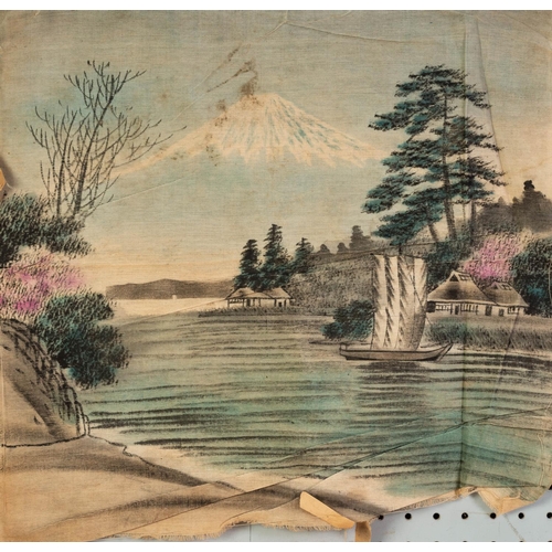 192 - FIVE, PROBABLY PRE-WAR JAPANESE, WATERCOLOUR DRAWINGS ON WOVEN FABRIC - RIVER OR LAKESIDE LANDSCAPES... 