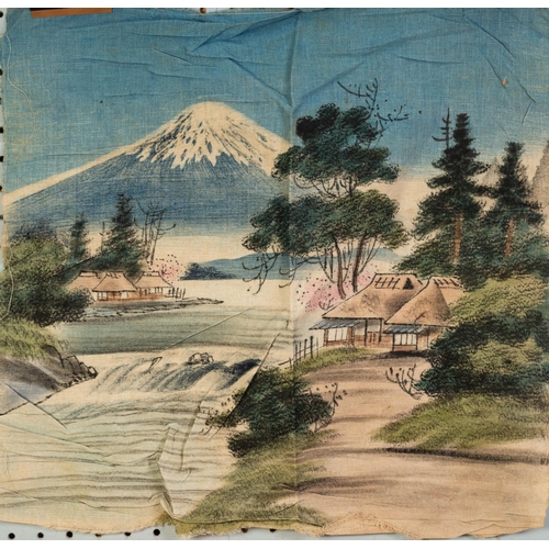 192 - FIVE, PROBABLY PRE-WAR JAPANESE, WATERCOLOUR DRAWINGS ON WOVEN FABRIC - RIVER OR LAKESIDE LANDSCAPES... 