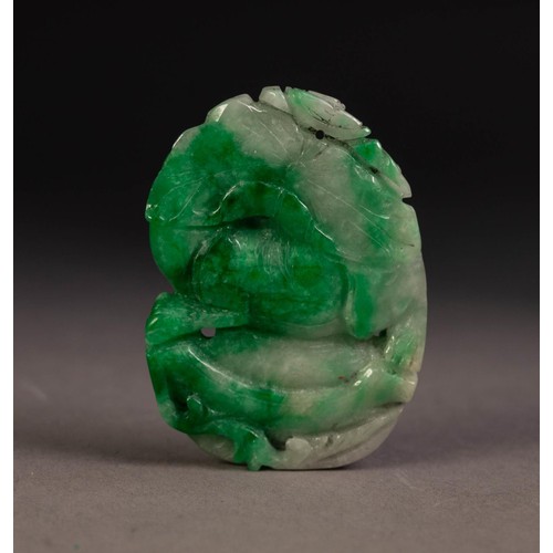 209 - CHINESE SHADED GREEN JADE OVAL PANEL, pierced and carved in alto relief with a dragon with head turn... 