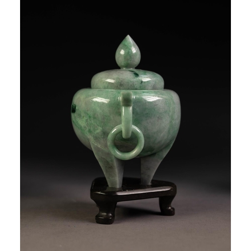 212 - CHINESE PALE GREEN JADE CENSER with globular body, two ring and captive ring handles, low domed cove... 